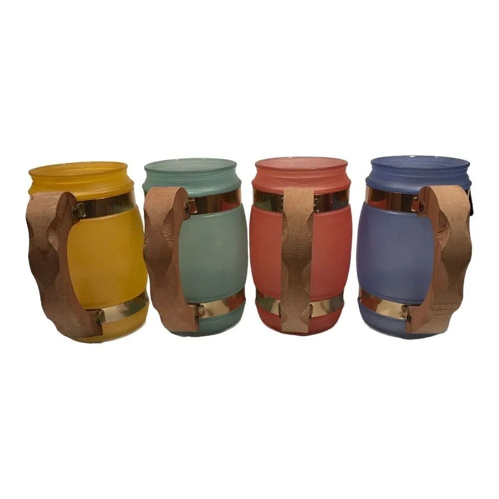 Siesta Ware Banded Barrel Pastel Frosted Glass Wood Handle‎ Mug Lot of 4